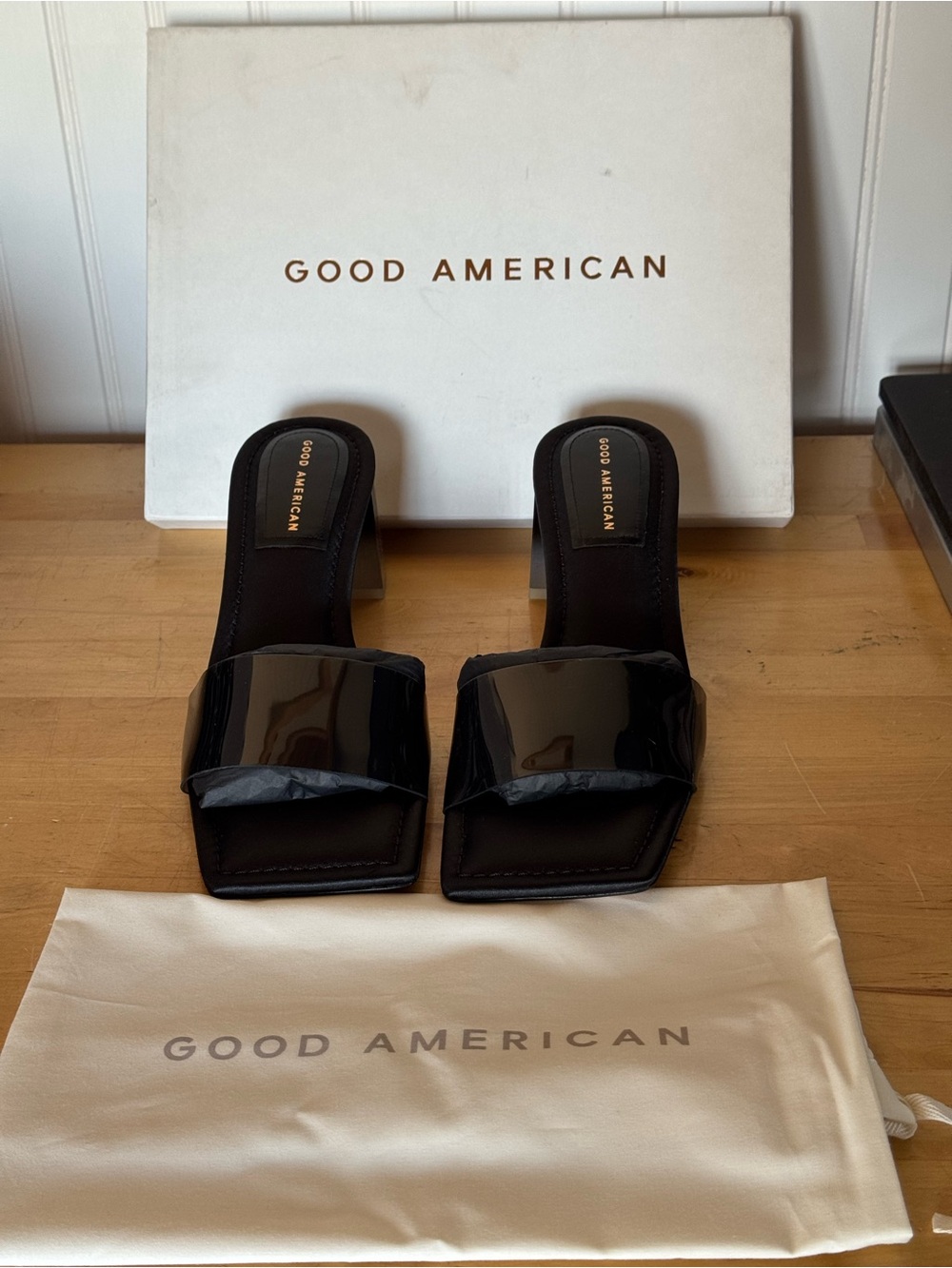 Good American Black Square-Toe Chunky Heels NIB Narrow Feet Only